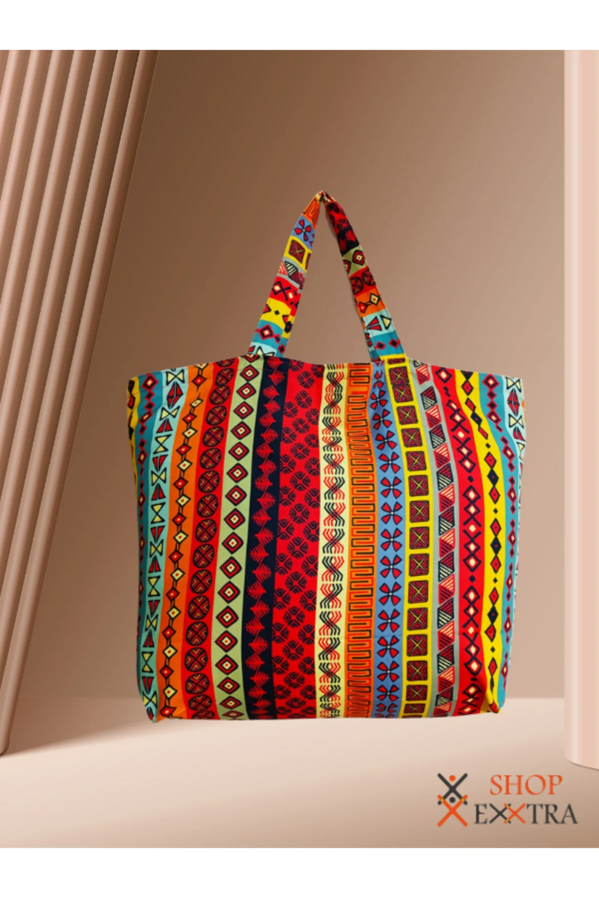 Renkli Çizgili Kilim Desenli Büyük Keten Omuz - Plaj ve Alışveriş