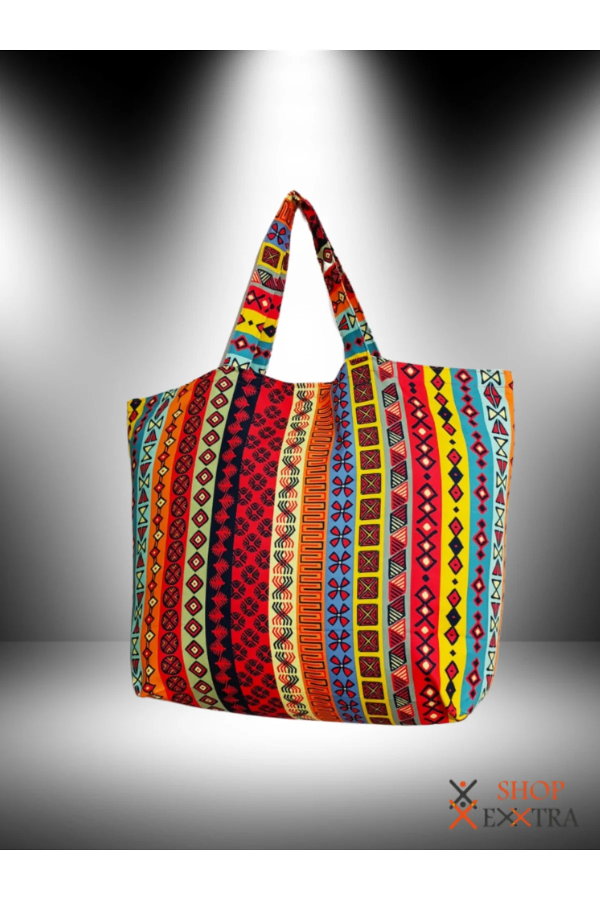 Renkli Çizgili Kilim Desenli Büyük Keten Omuz - Plaj ve Alışveriş