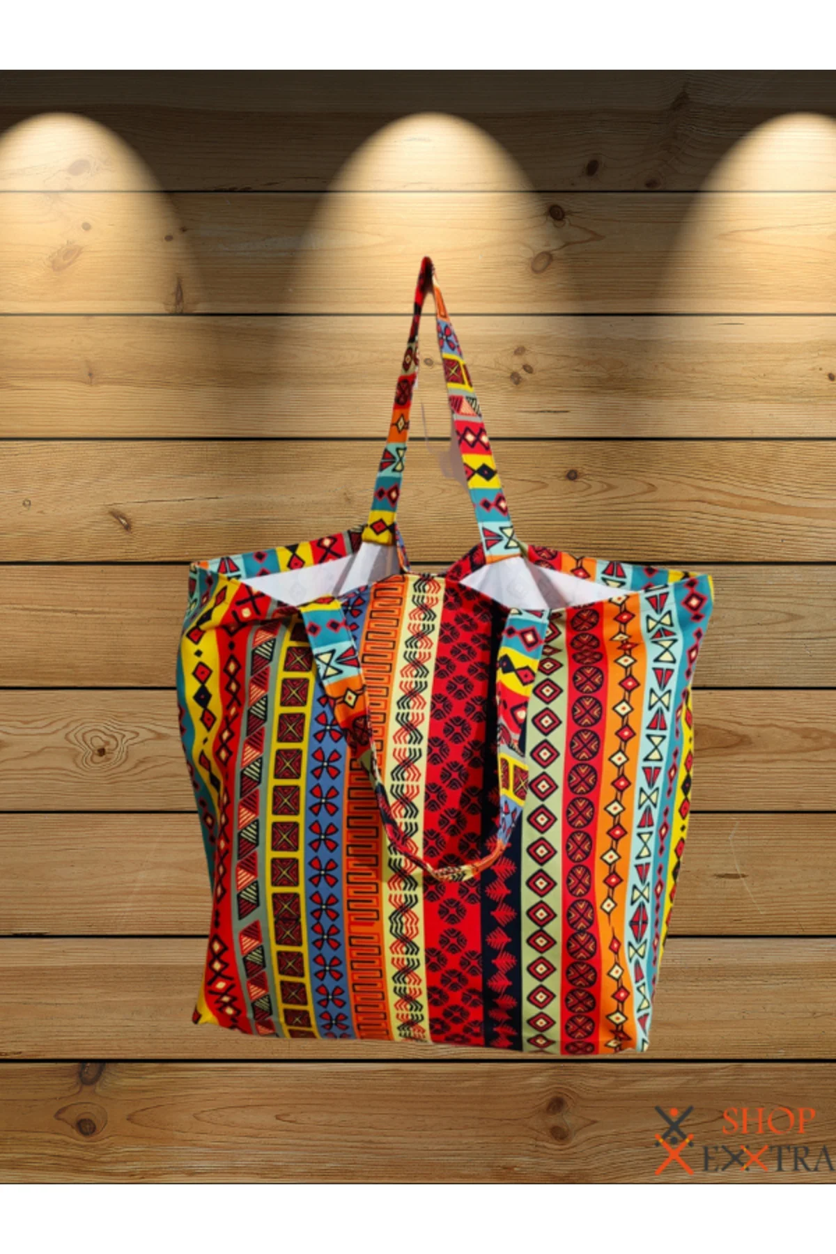 Renkli Çizgili Kilim Desenli Büyük Keten Omuz - Plaj ve Alışveriş