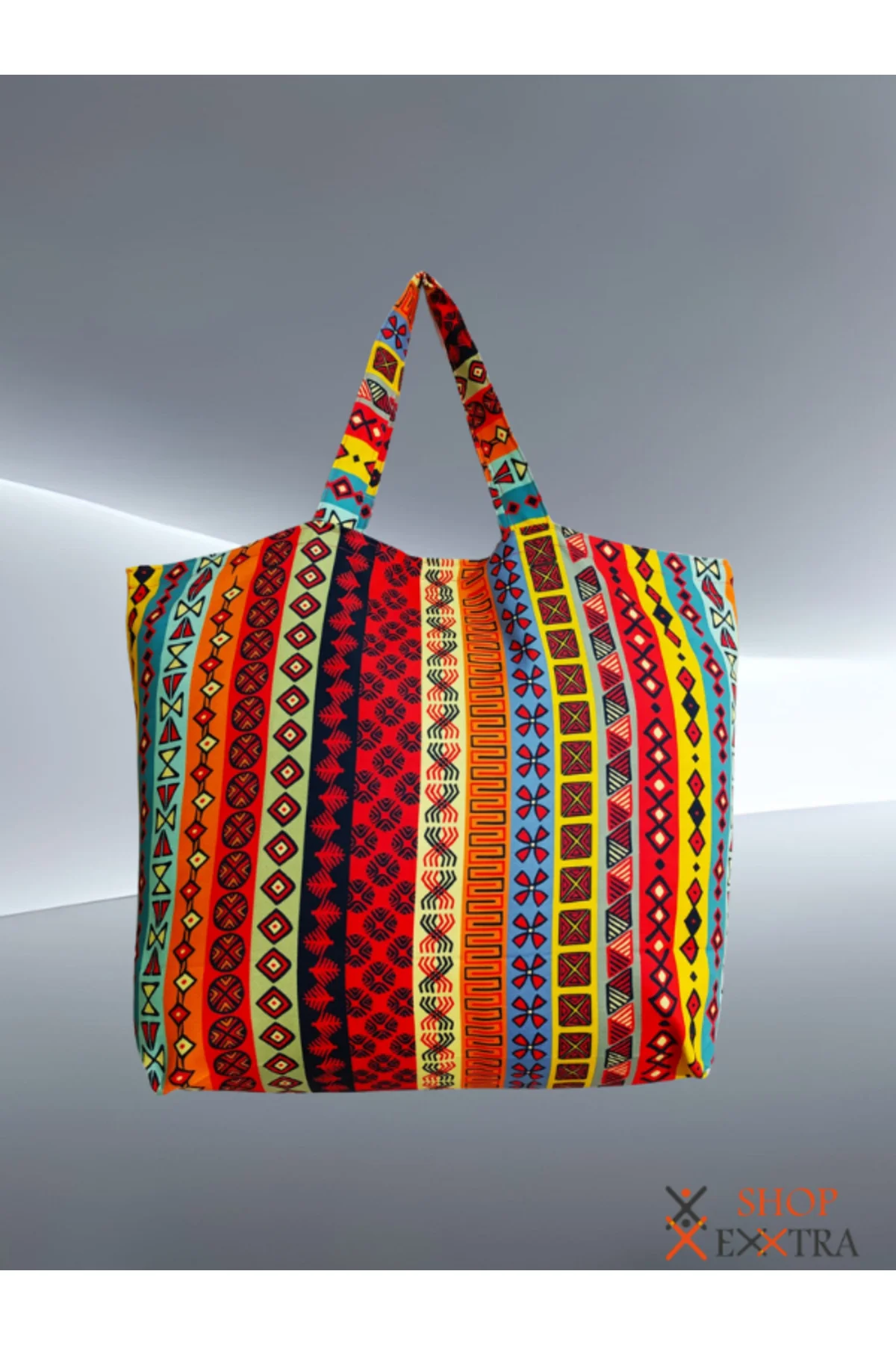 Renkli Çizgili Kilim Desenli Büyük Keten Omuz - Plaj ve Alışveriş