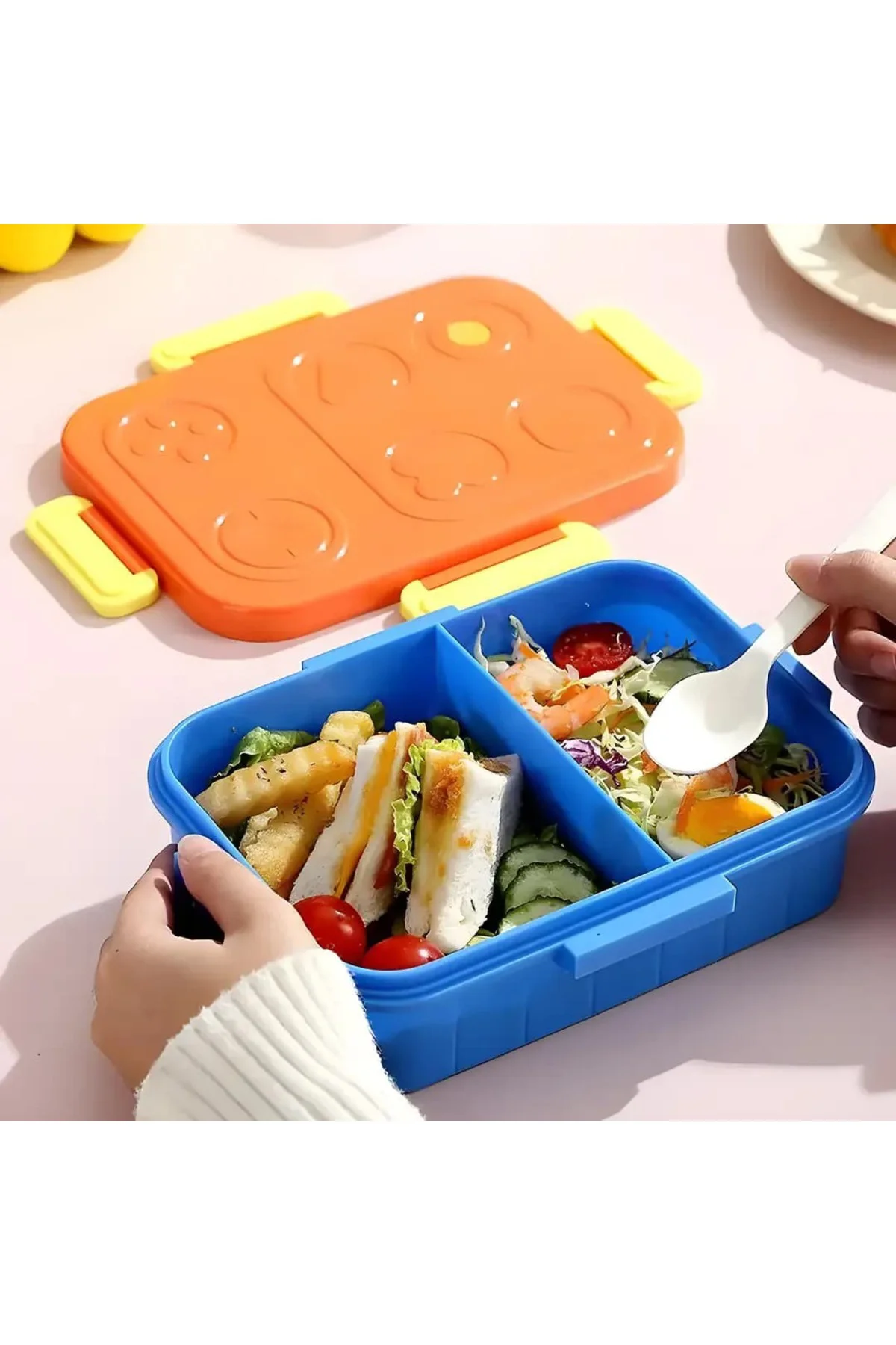 Renkli Desenli Beslenme Kutusu - 880 ml 2 Bölmeli Çocuk Beslenme 