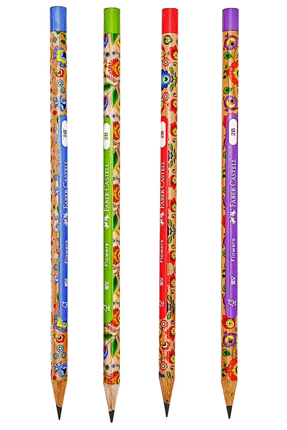 Renkli Flowers Çiçek Desenli Yuvarlak 2B Kurşun Kalem - 4 Adet