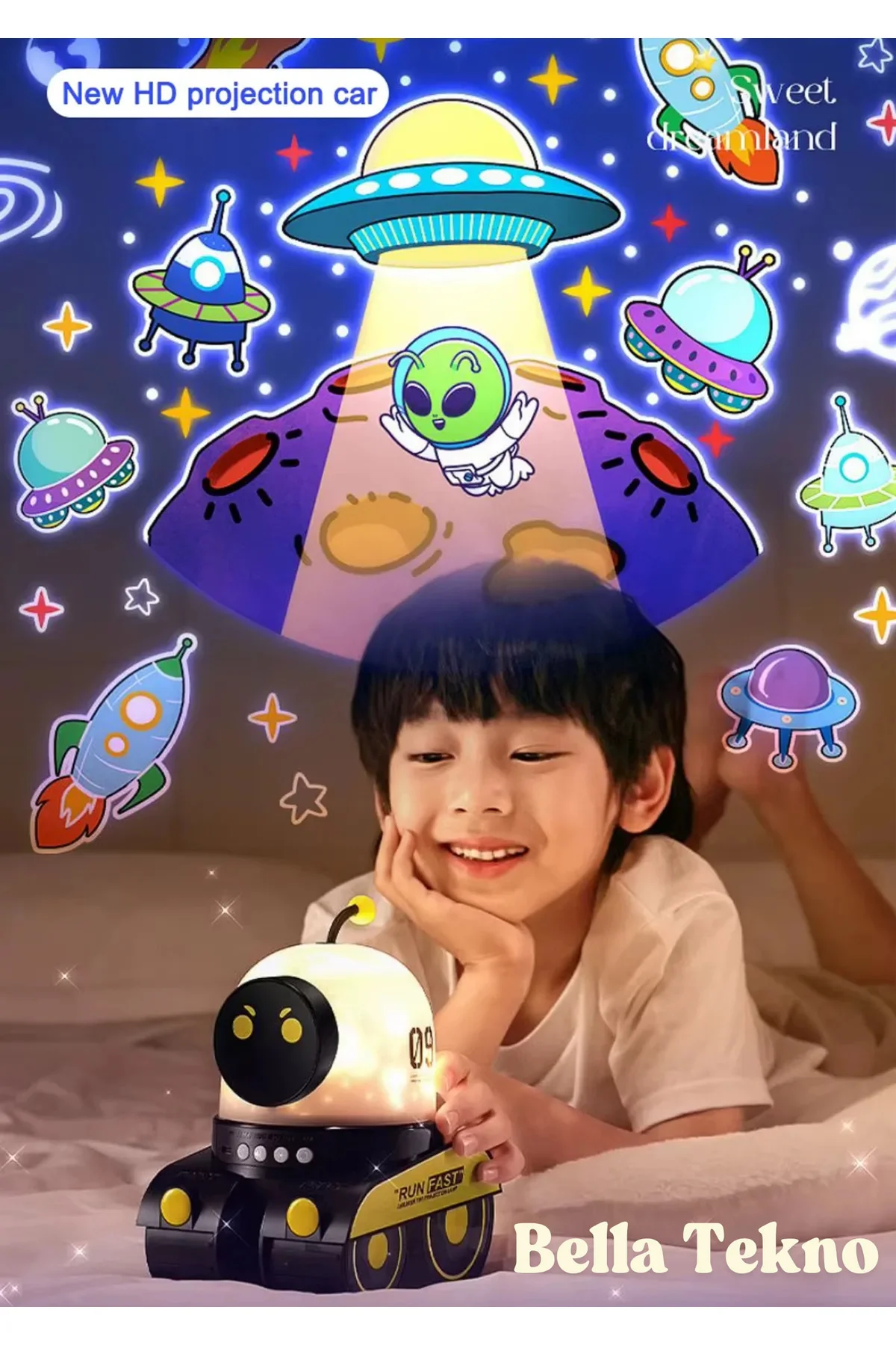 Renkli Gökyüzü Projektörlü Robot Gece Lambası, Müzikli ve Eğitici Işıklandırma