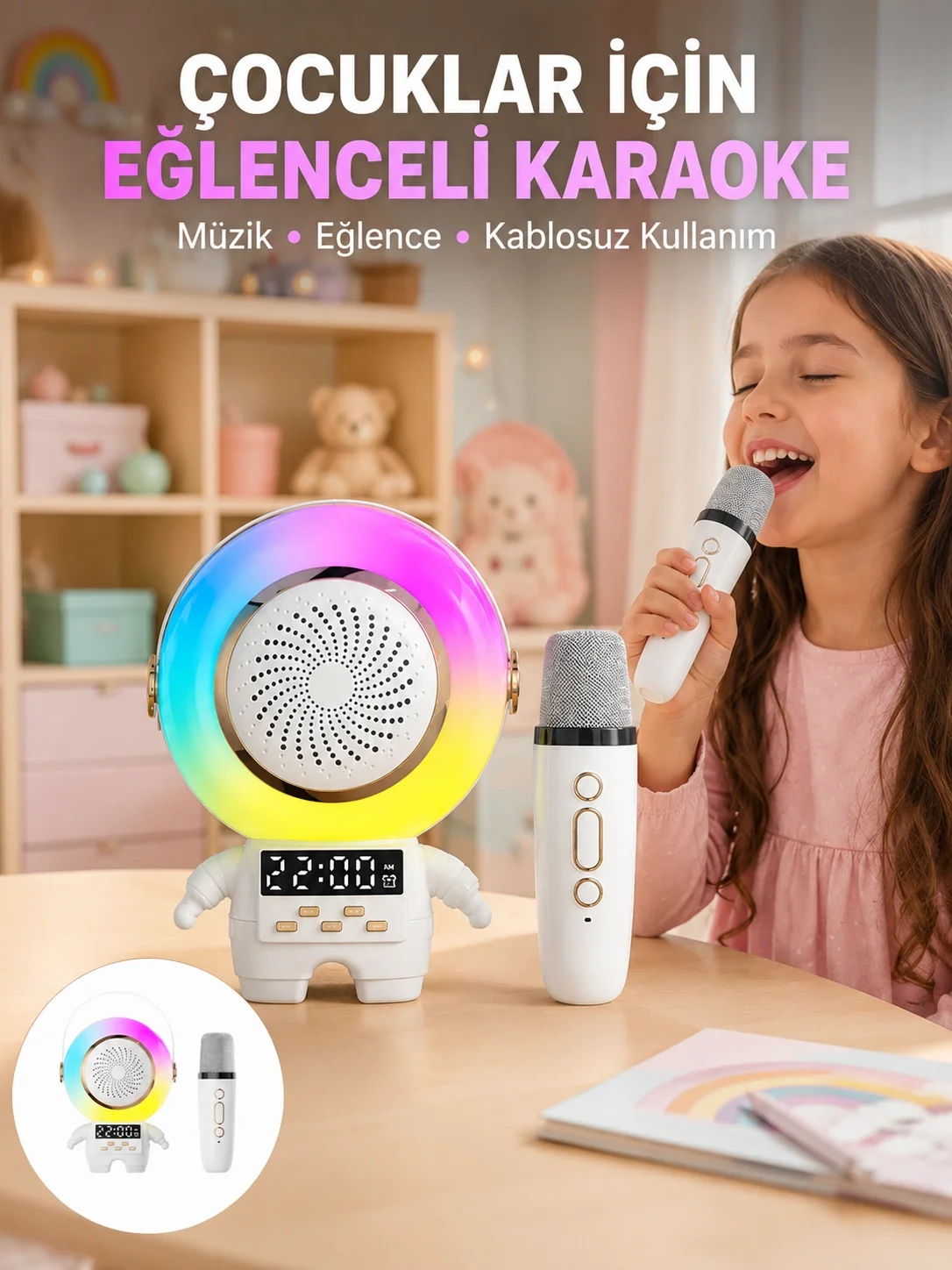 Renkli Işıklı Astronot Mini Bluetooth Speaker ve Karaoke Mikrofon