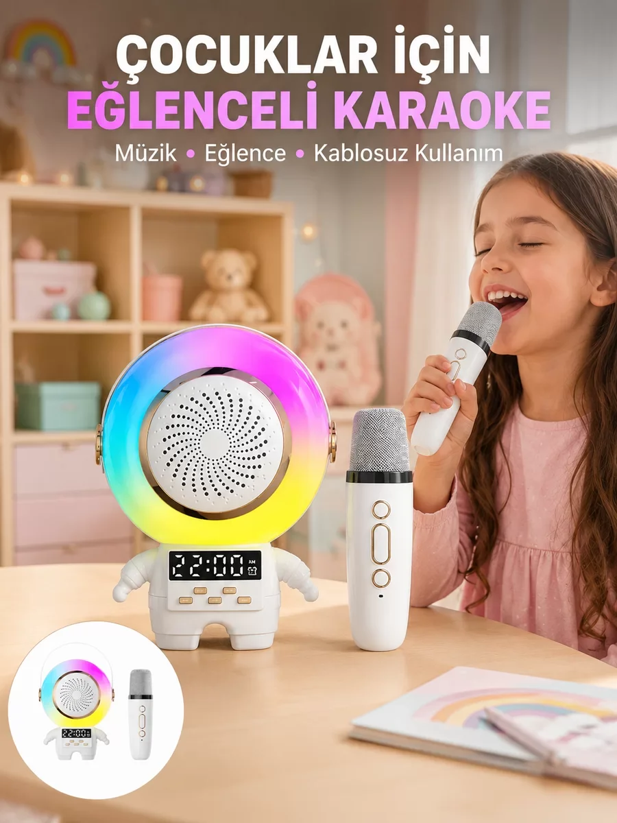 Renkli Işıklı Astronot Mini Bluetooth Speaker ve Karaoke Mikrofon - Ev Dekorasyonu ve Eğlence Bir Arada