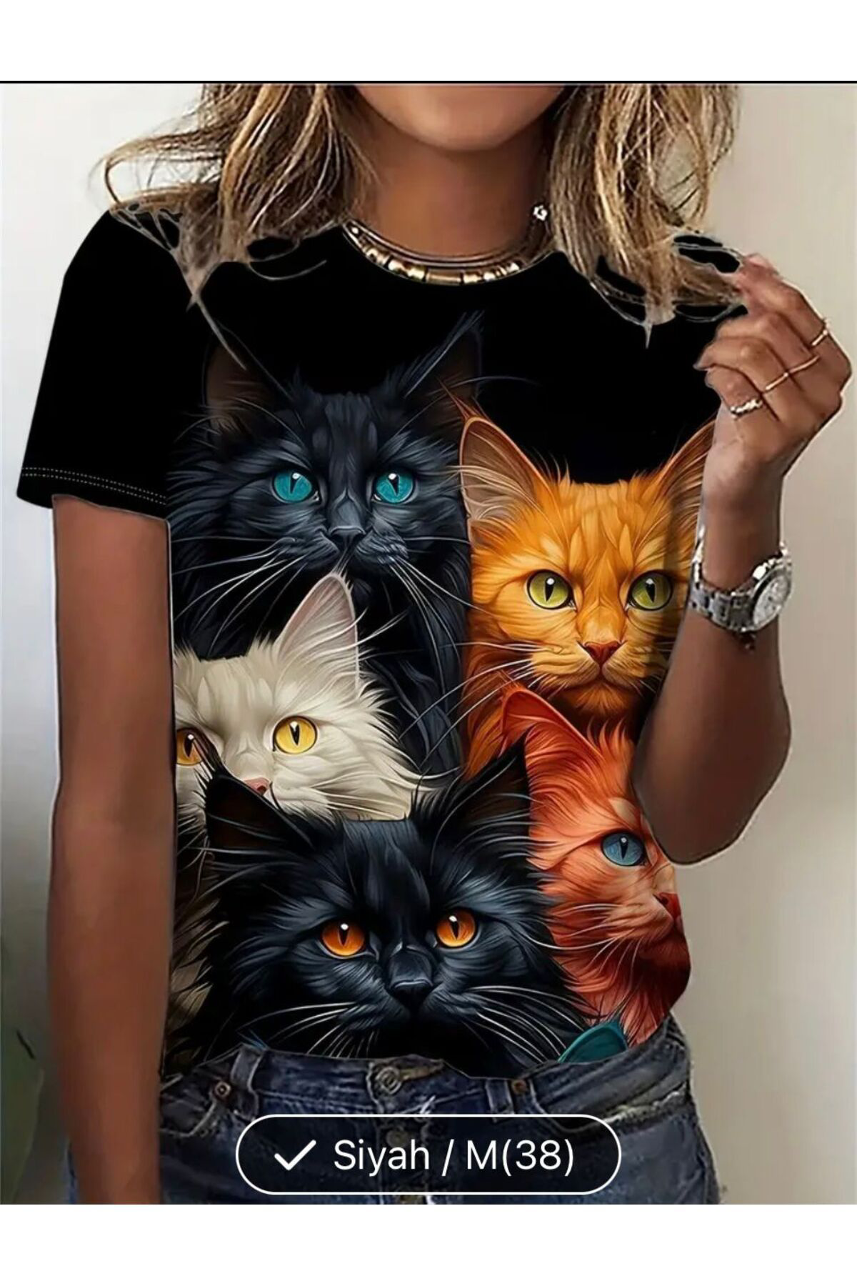 RENKLİ KEDİ BASKILI KISA KOL TİŞÖRT