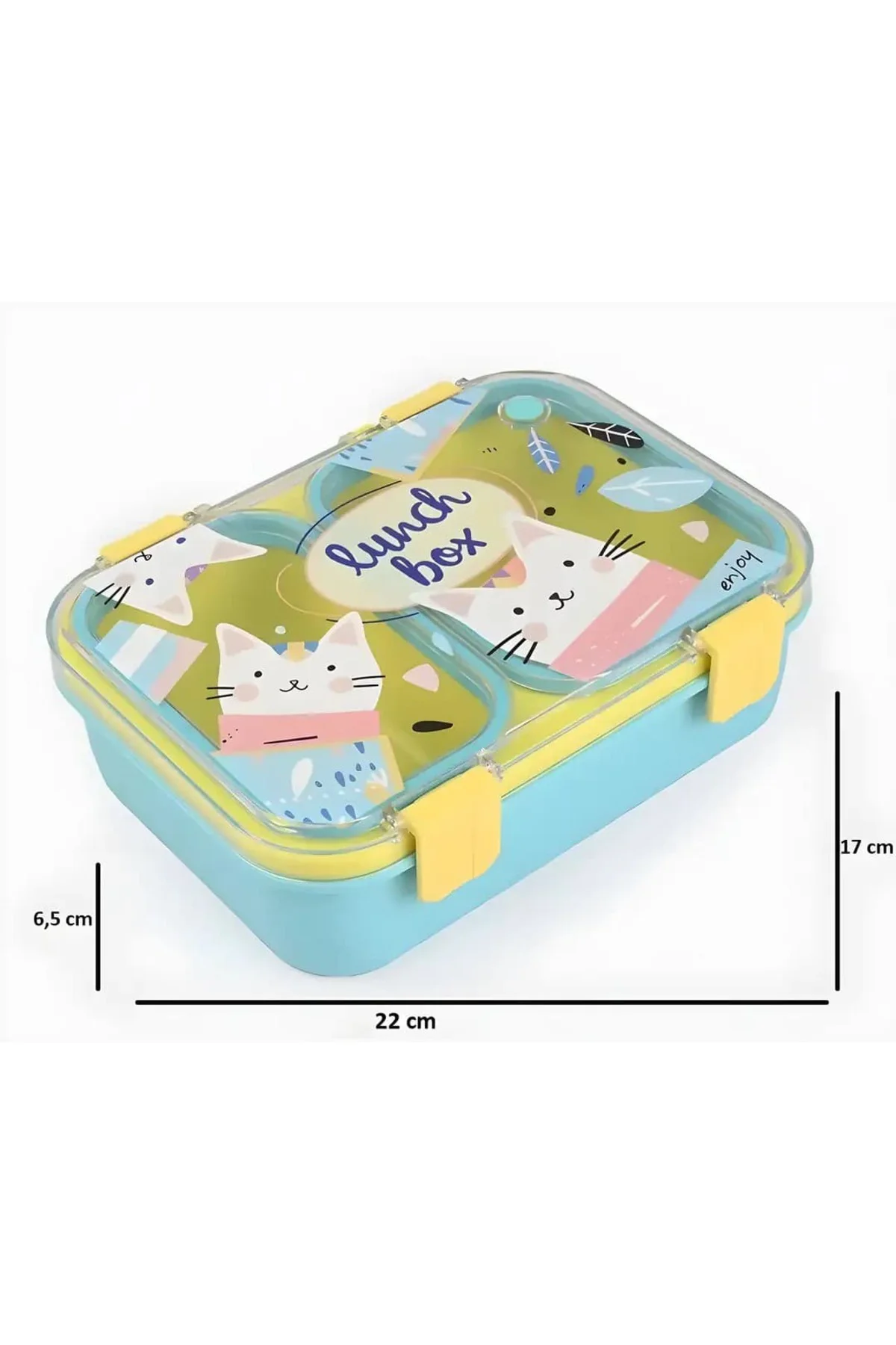 Renkli Kedi Desenli Beslenme Kutusu - 700 ml 2 Bölmeli Taşıma Kul
