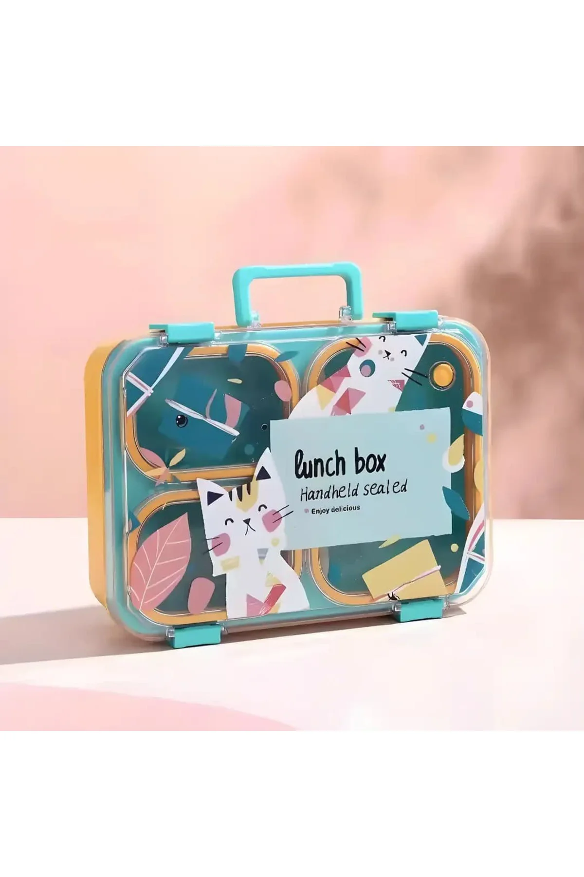 Renkli Kedi Desenli Beslenme Kutusu - 700 ml 3 Bölmeli Taşıma Kul
