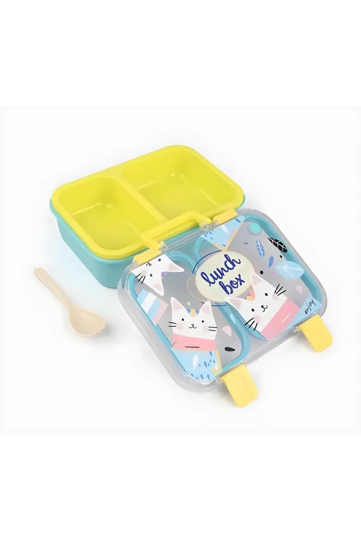 Renkli Kedi Desenli Beslenme Kutusu - 700 ml 2 Bölmeli Taşıma Kul