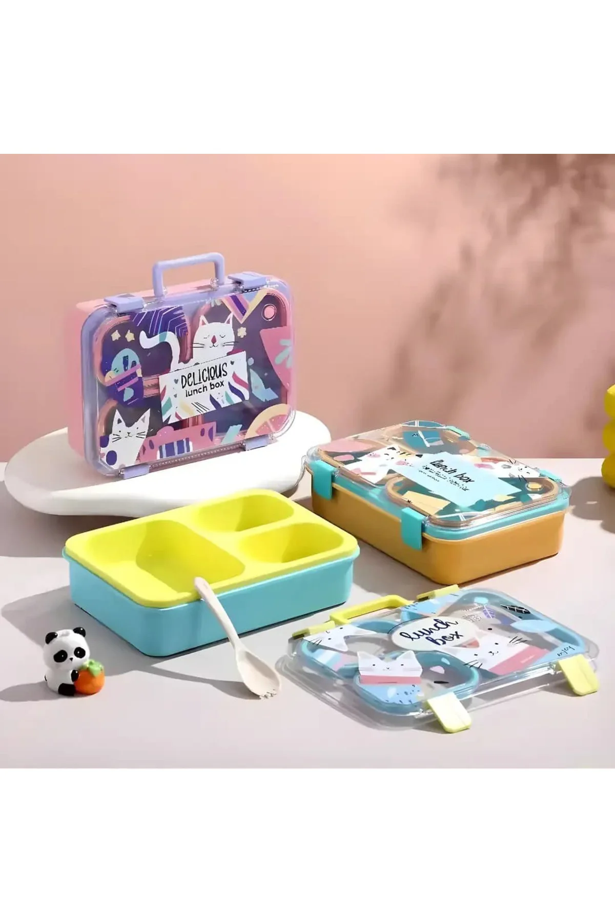 Renkli Kedi Desenli Beslenme Kutusu - 700 ml 3 Bölmeli Taşıma Kul