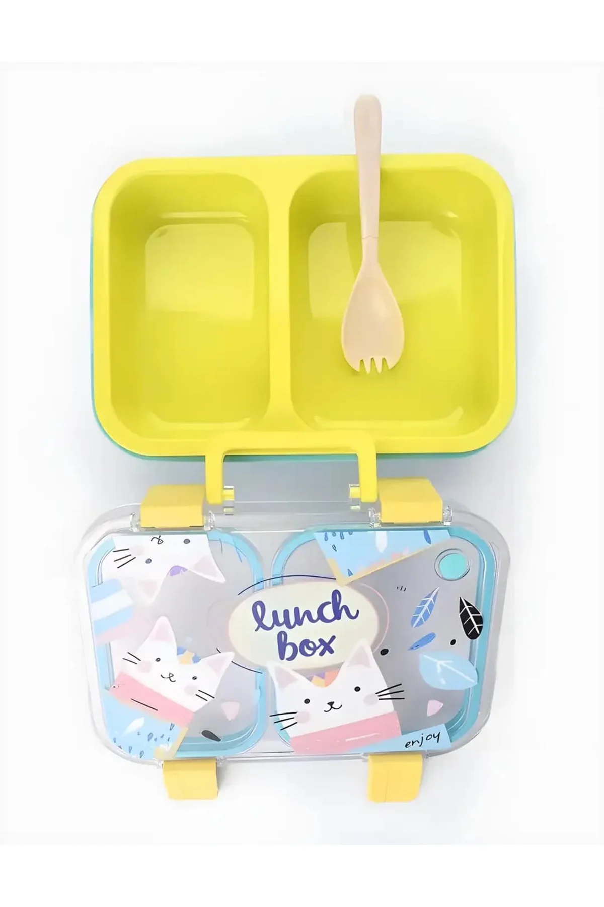 Renkli Kedi Desenli Beslenme Kutusu - 700 ml 2 Bölmeli Taşıma Kul