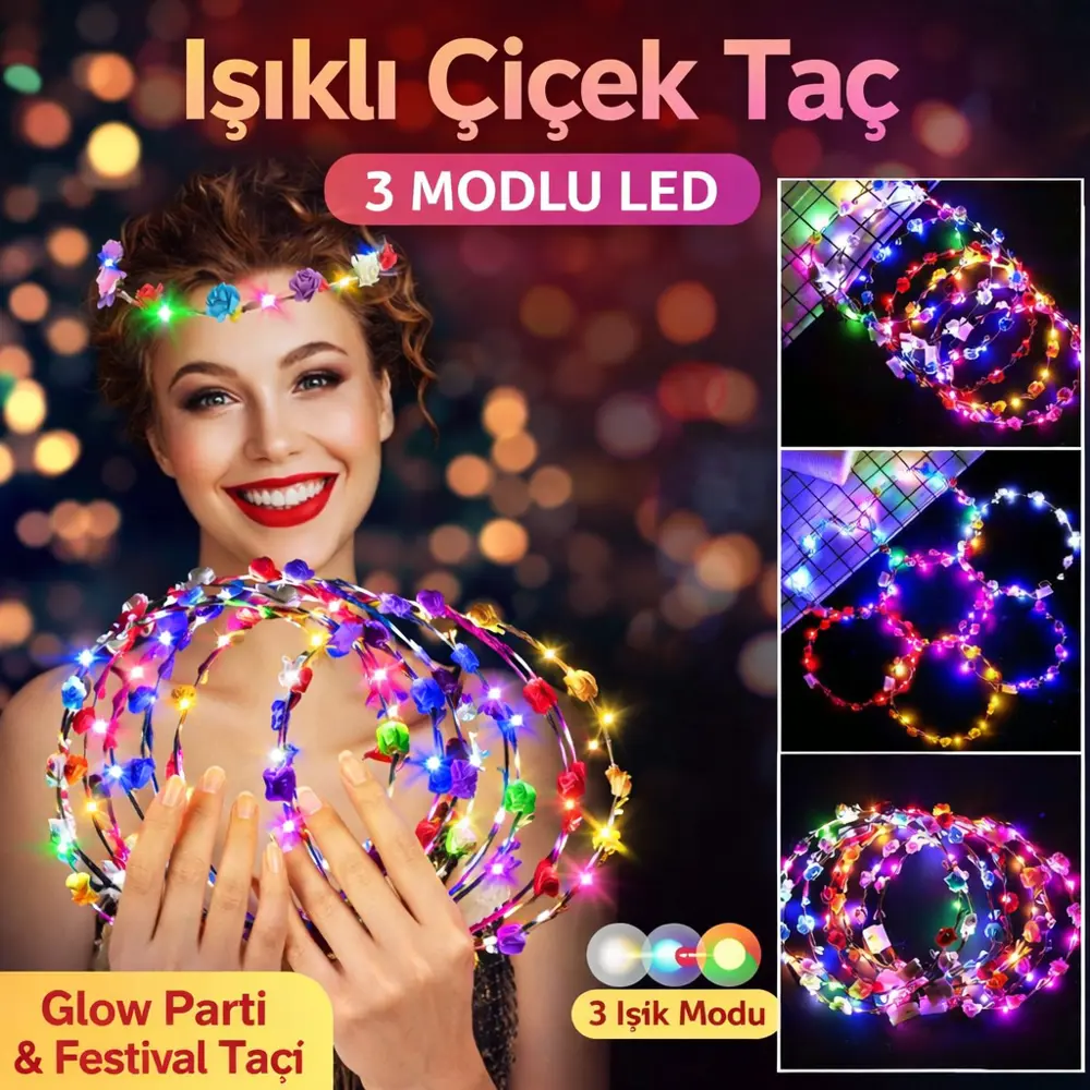 Renkli LED Çiçek Taç – 3 Işık Modlu Glow Parti Tacı (4741)