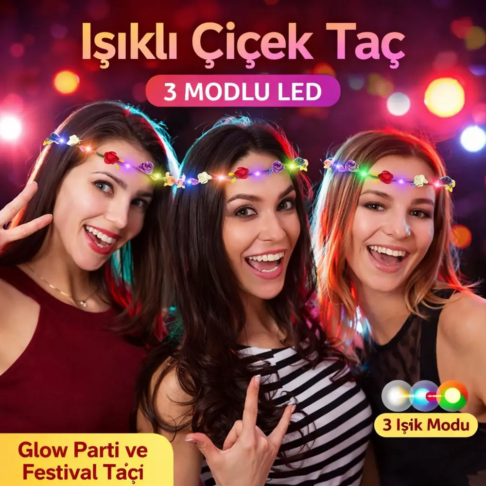 Renkli LED Çiçek Taç – 3 Işık Modlu Glow Parti Tacı (4741)