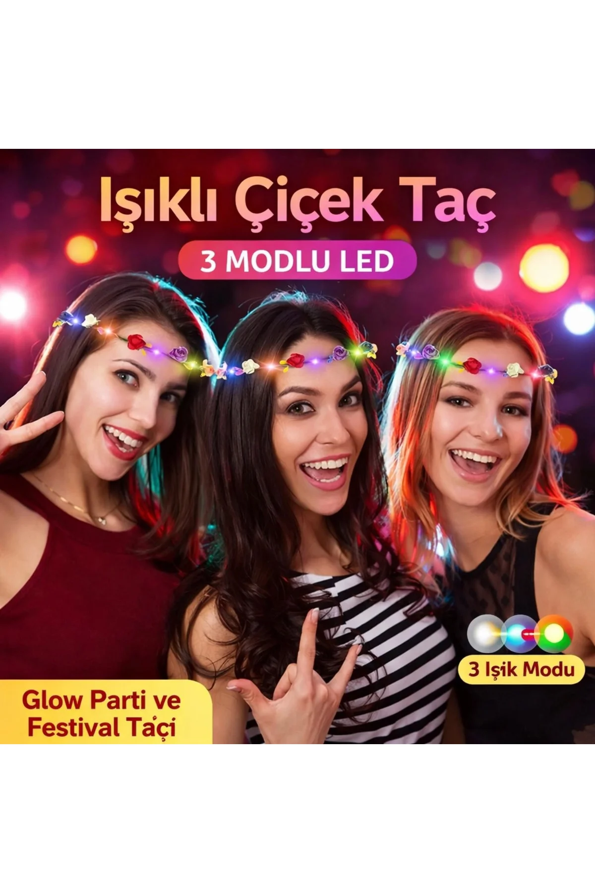 Renkli LED Çiçek Taç – 3 Işık Modlu Renkli LED Çiçek Taç – 3 Işık Modlu