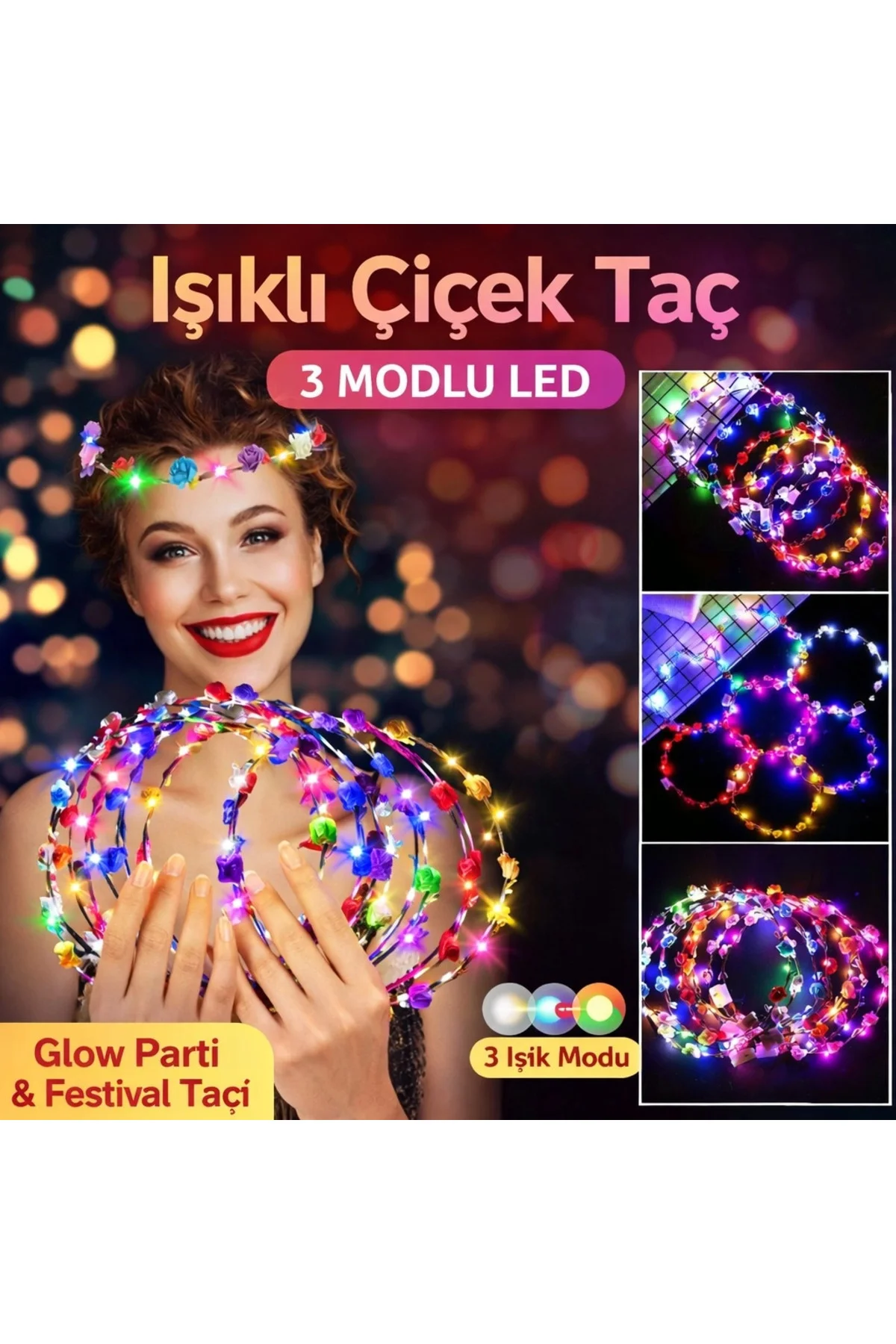 Renkli LED Çiçek Taç – 3 Işık Modlu Renkli LED Çiçek Taç – 3 Işık Modlu