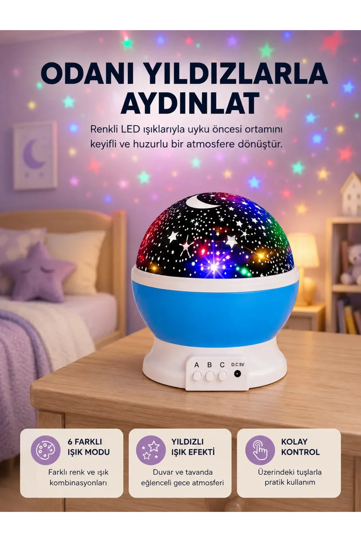 Renkli LED Gece Lambası 6 Işık Modlu Çocuk Odası Atmosfer Aydınlatma Renkli LED Gece Lambası 6 Işık Modlu Çocuk Odası Atmosfer Aydınlatma