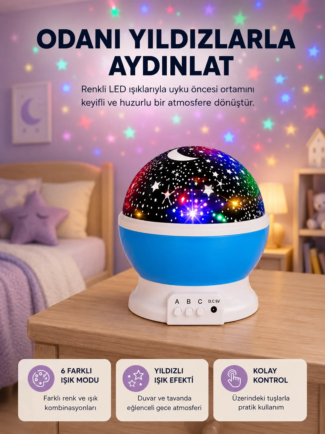 Renkli LED Gece Lambası 6 Işık Modlu Çocuk Odası Atmosfer Aydınlatma Fiyatı, Yorumları ve Özellikleri