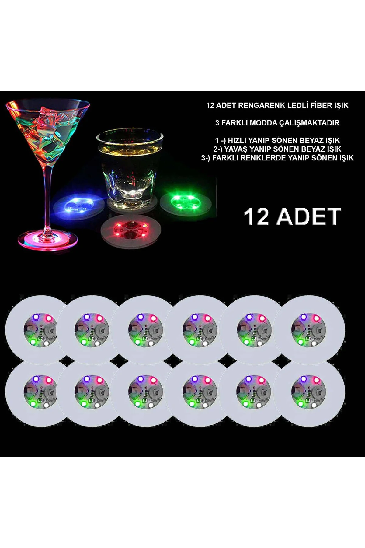 Renkli LED Işıklı Bardak Altlığı - Dekoratif (12 Adet, Pilli) (50