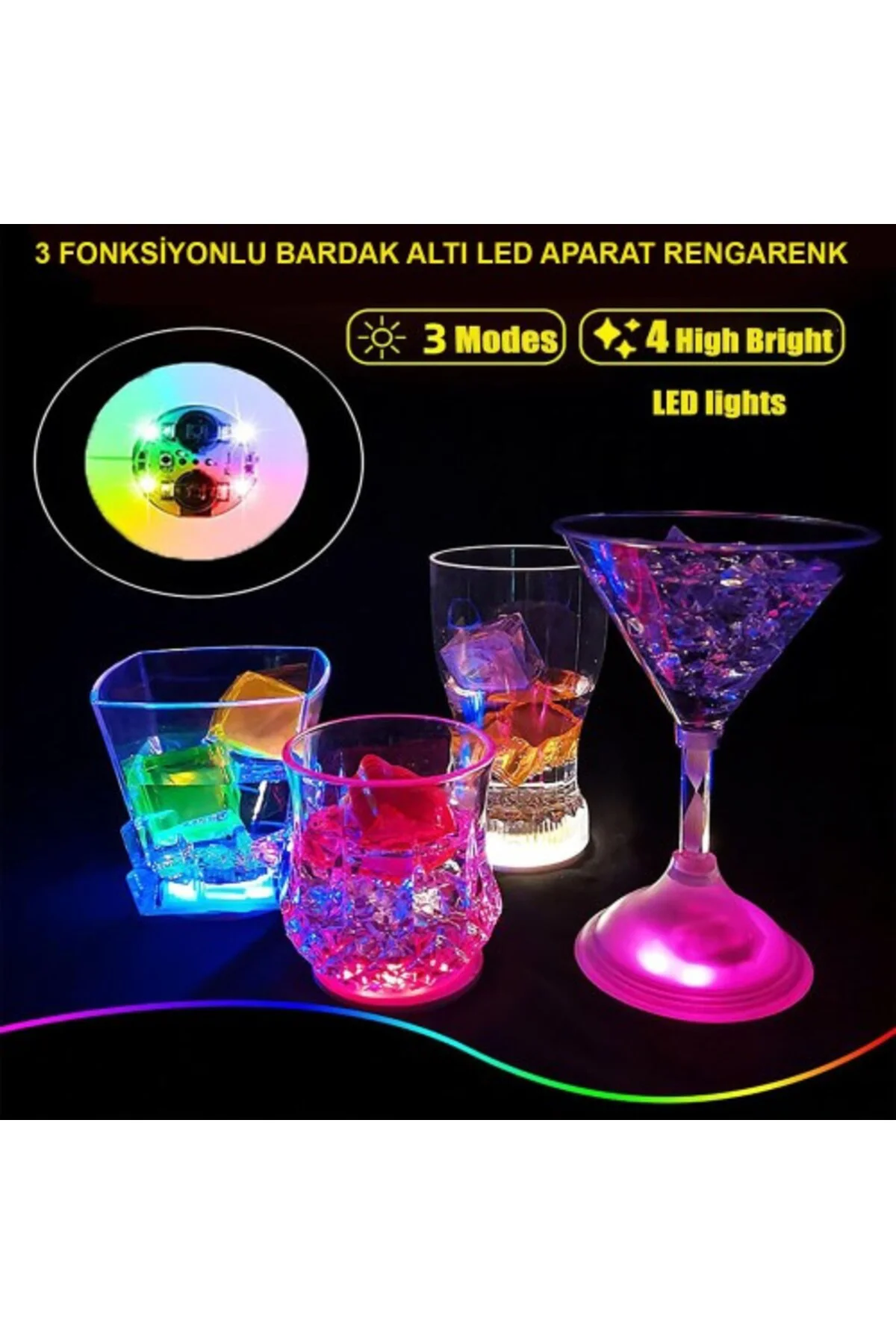 Renkli LED Işıklı Bardak Altlığı - 12 Adet, Pilli