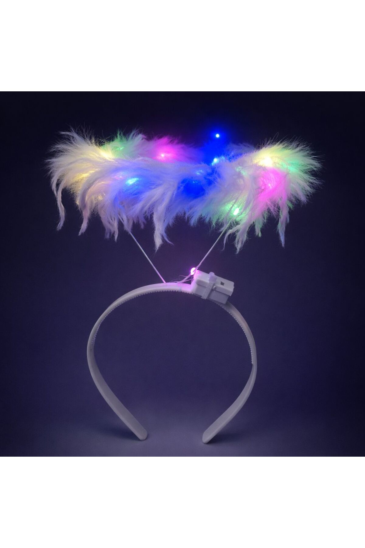 Renkli LED Işıklı Beyaz Tüylü Püsküllü Parti Tacı