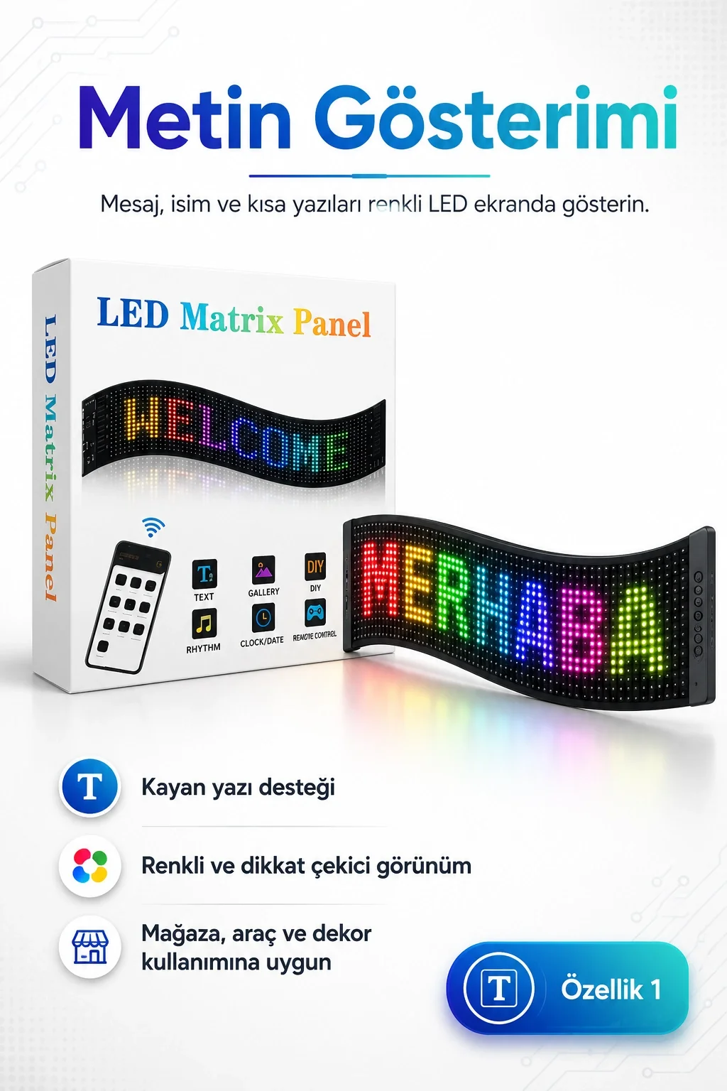 Renkli LED Kayan Yazı Paneli Uzaktan Kumandalı Metin Saat Ve Tarih Gösterimli