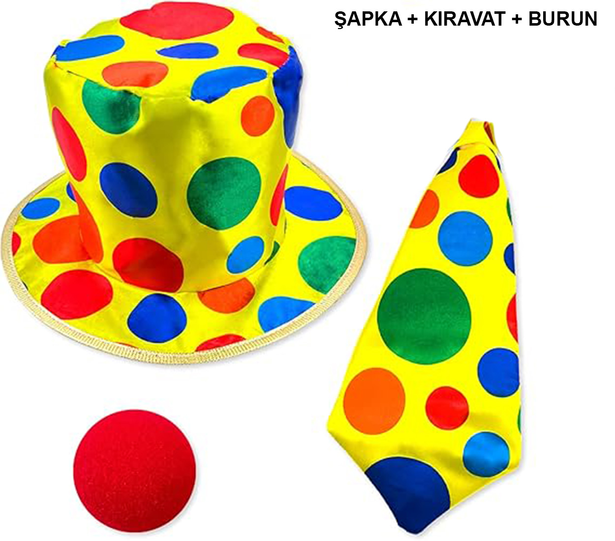 Renkli Palyaço Kostüm Seti – 3 Parça Aksesuar (Şapka, Kravat, Bur Renkli Palyaço Kostüm Seti – 3 Parça Aksesuar (Şapka, Kravat, Bur