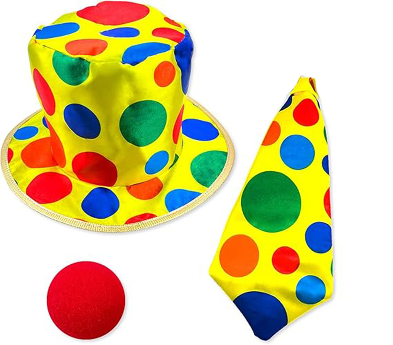 Renkli Palyaço Kostüm Seti – 3 Parça Aksesuar (Şapka, Kravat, Bur Renkli Palyaço Kostüm Seti – 3 Parça Aksesuar (Şapka, Kravat, Bur