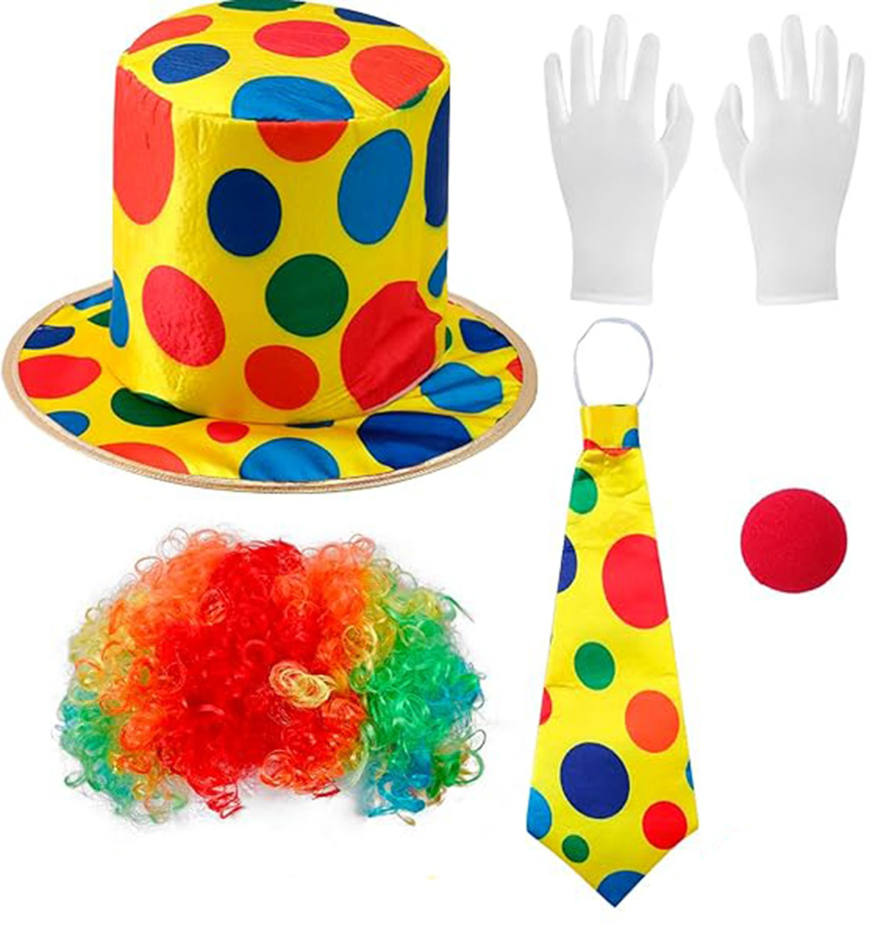 Renkli Palyaço Kostüm Seti – 5 Parça Aksesuar (Şapka, Peruk, Krav Renkli Palyaço Kostüm Seti – 5 Parça Aksesuar (Şapka, Peruk, Krav