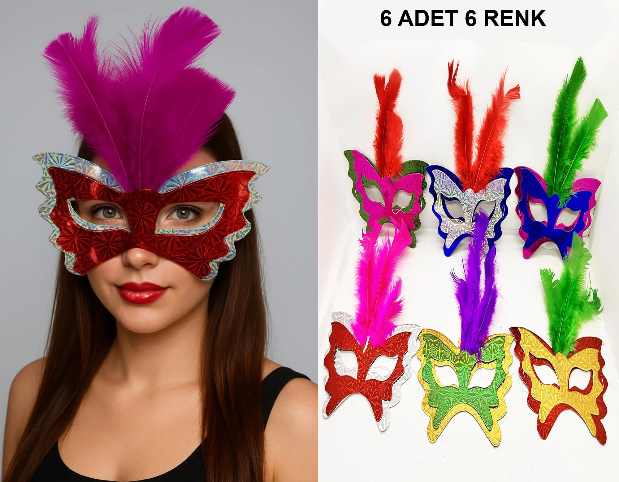 Renkli Parti Maskesi 6'lı | Tüylü Karton Maske Seti - Doğum Günü, Karnaval ve Kostüm Aksesuarı