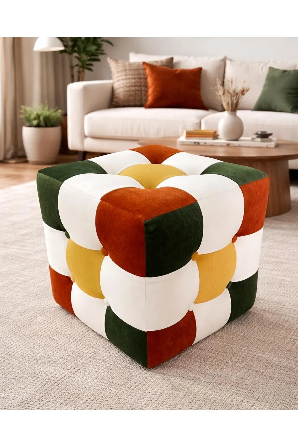Renkli Patchwork Puf Modern Dekoratip Kare Puf