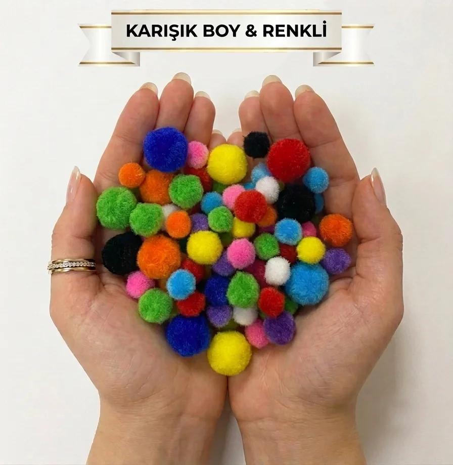 Renkli Ponpon 3 Farklı Boy Büyük Orta Küçük Boy Karışık Renk Pon Pon Kreş Okul Etkinliği