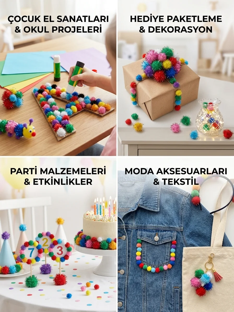 Renkli Ponpon 3 Farklı Boy Büyük Orta Küçük Boy Karışık Renk Pon Pon Kreş Okul Etkinliği