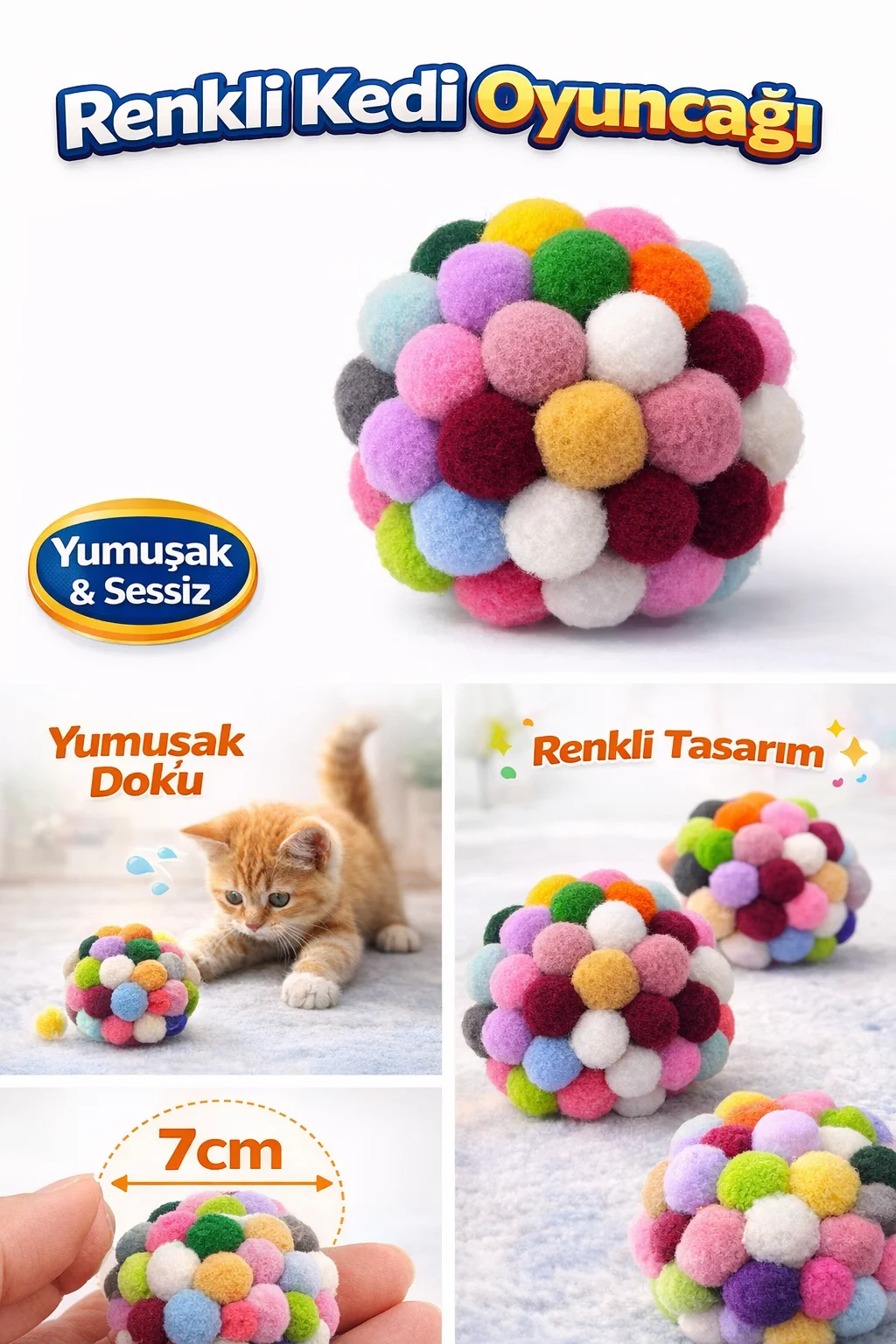 Renkli Ponpon Kedi Oyuncak Topu 7 cm ( 2 Adet ) – Yumuşak Sessiz Kedi Oyun Topu Renkli Ponpon Kedi Oyuncak Topu 7 cm ( 2 Adet ) – Yumuşak Sessiz Kedi Oyun Topu