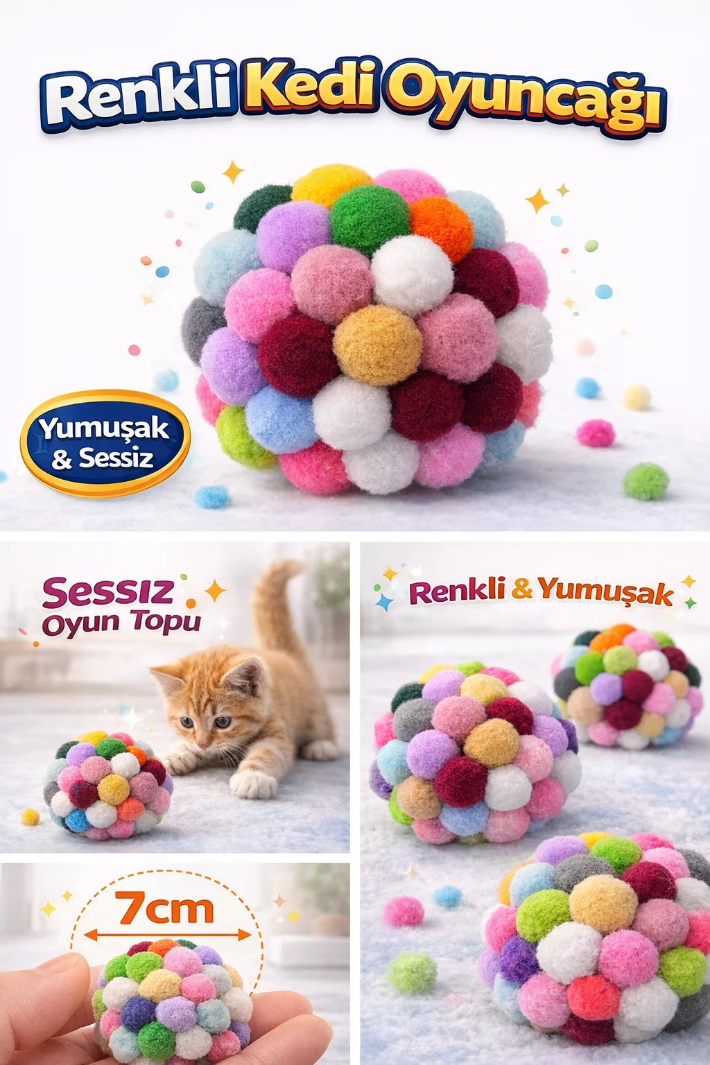 Renkli Ponpon Kedi Oyuncak Topu 7 cm ( 2 Adet ) – Yumuşak Sessiz Kedi Oyun Topu Renkli Ponpon Kedi Oyuncak Topu 7 cm ( 2 Adet ) – Yumuşak Sessiz Kedi Oyun Topu