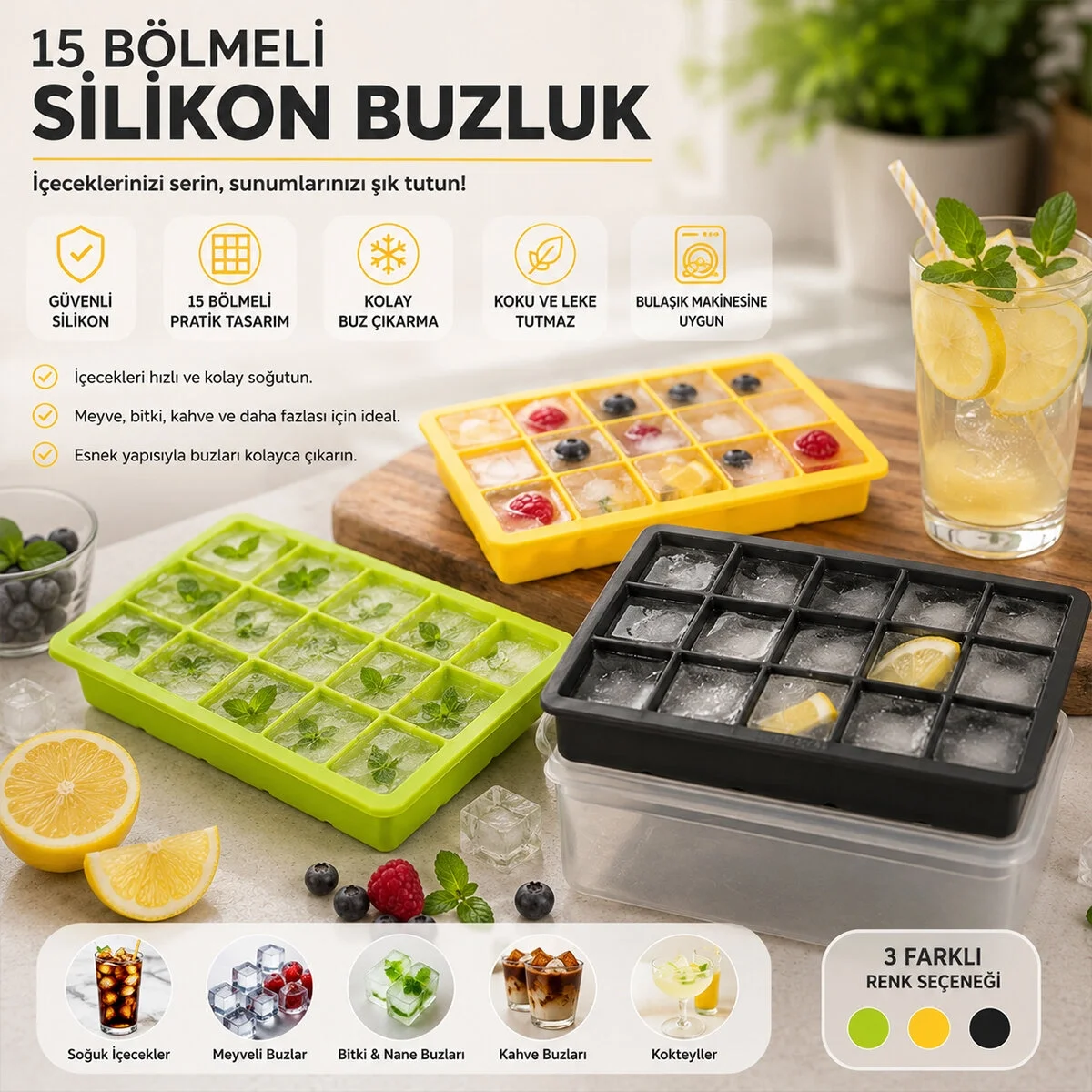 Renkli Pratik Buz Kalıbı - 15 Bölmeli - Silikon
