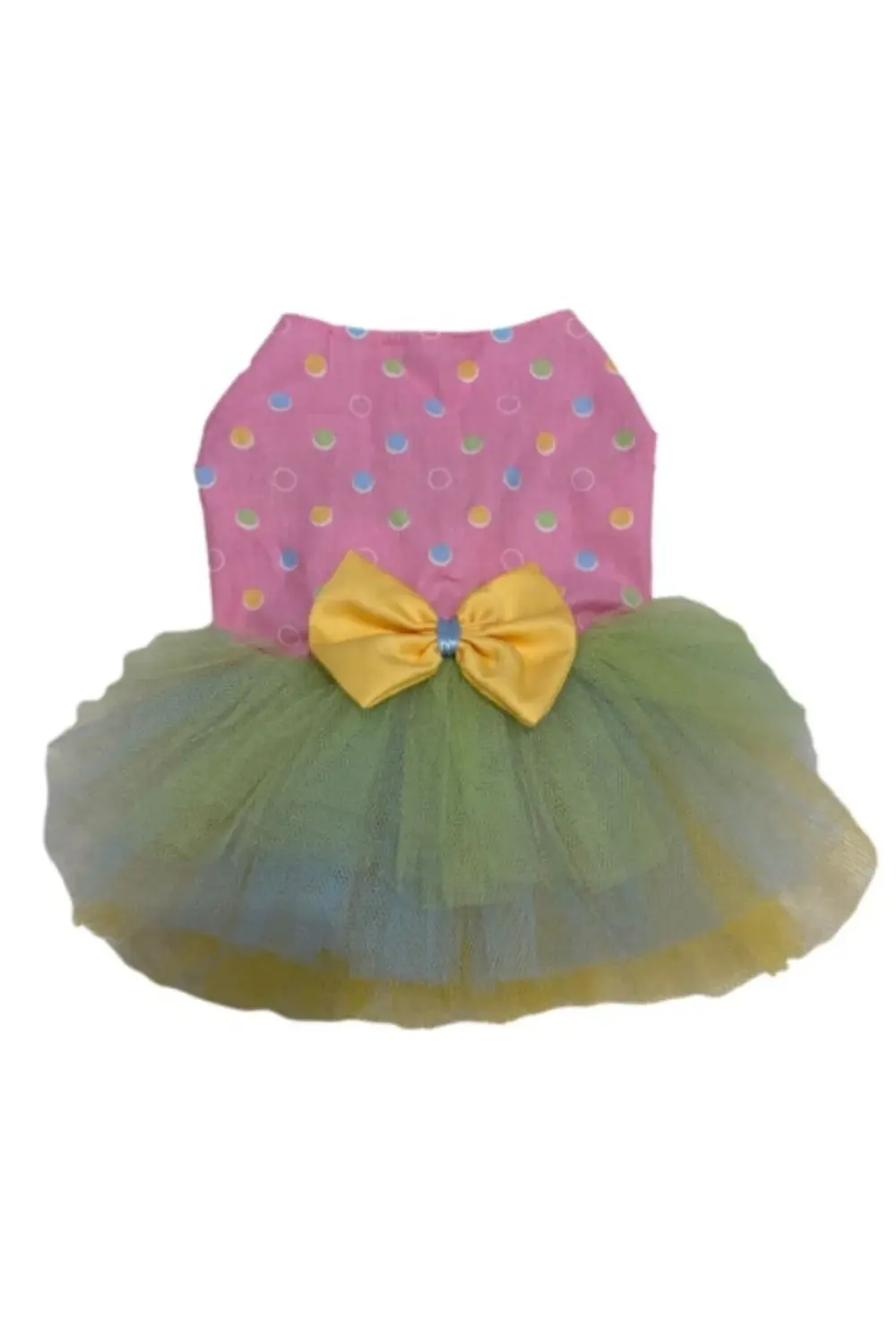 Renkli Puantiyeli Sarı Papyonlu Pembe Dişi Kedi Köpek Kıyafeti El