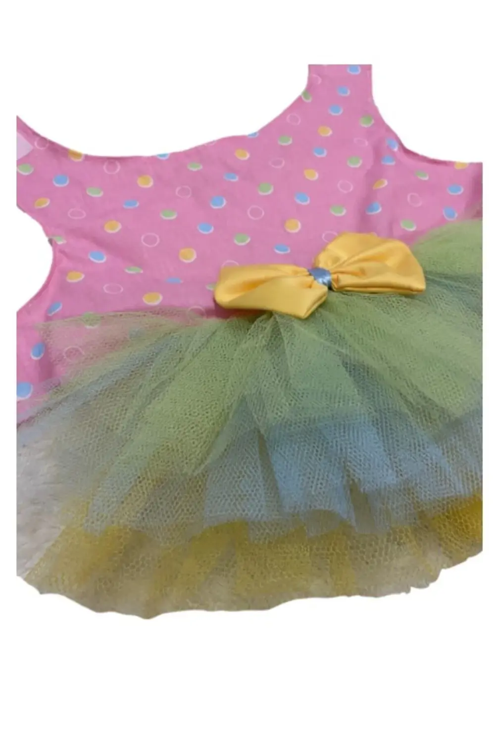 Renkli Puantiyeli Sarı Papyonlu Pembe Dişi Kedi Köpek Kıyafeti El