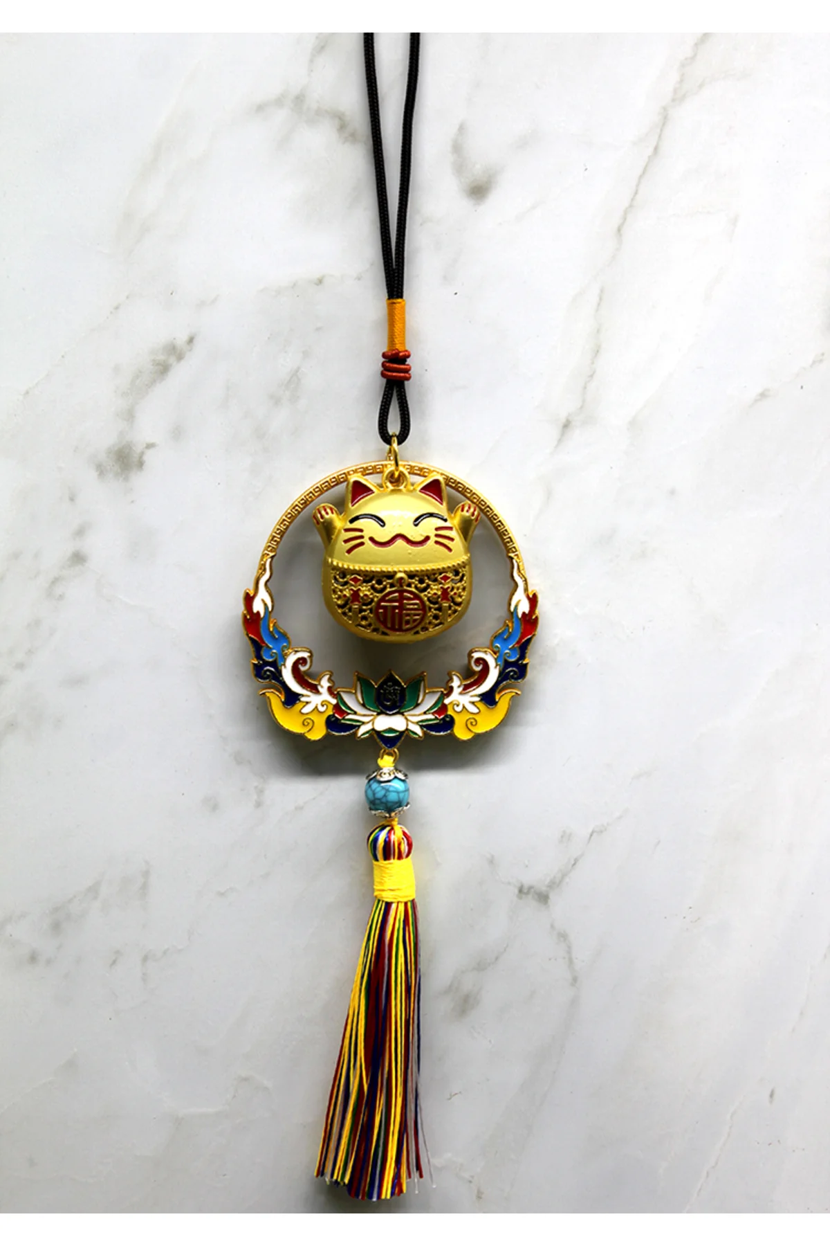 Renkli Püsküllü Şans Kedisi Feng Shui Askılık