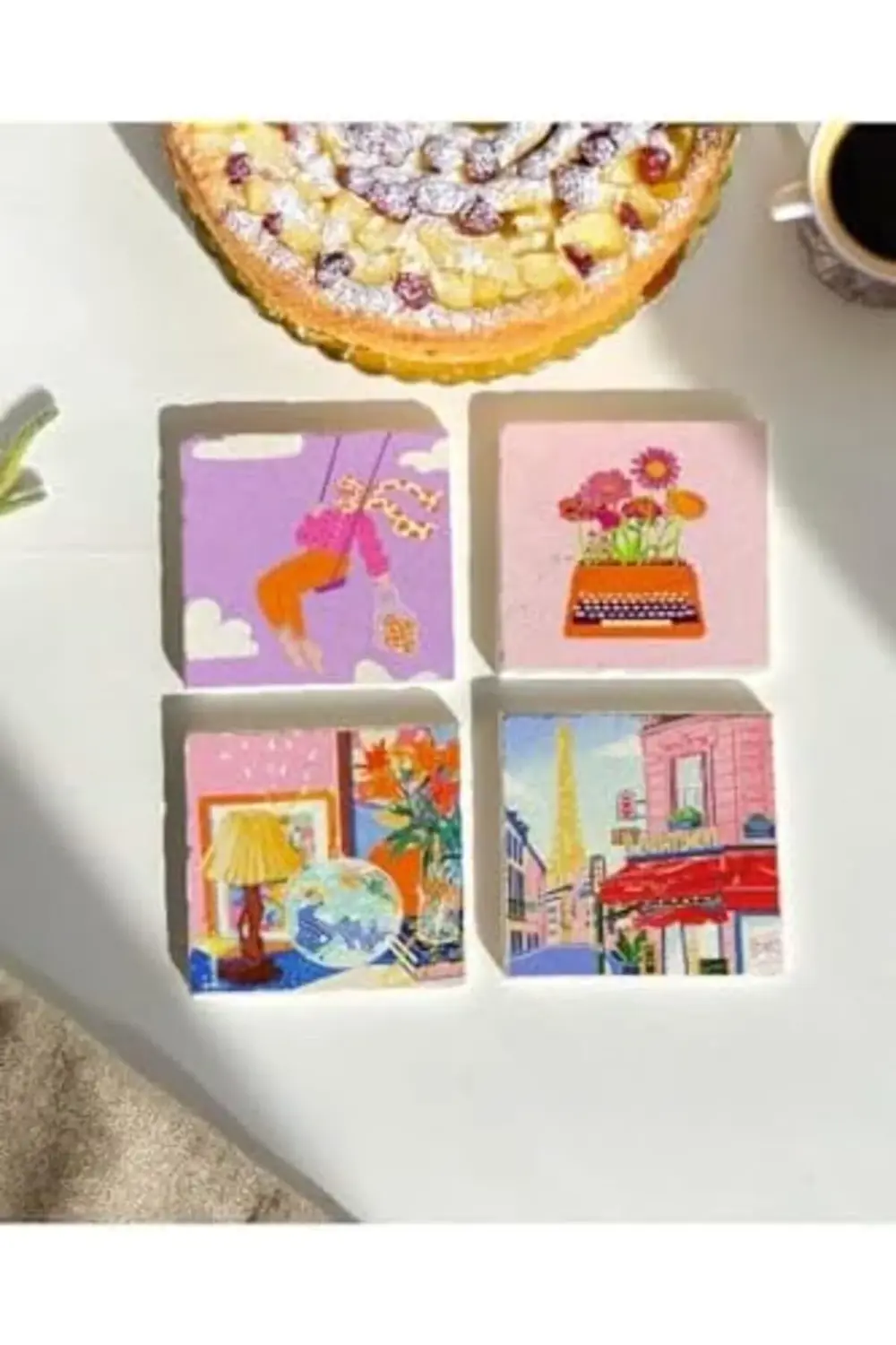 Renkli Retro Desenli Doğal Taş Bardak Altlığı Seti, 4’lü 1178227