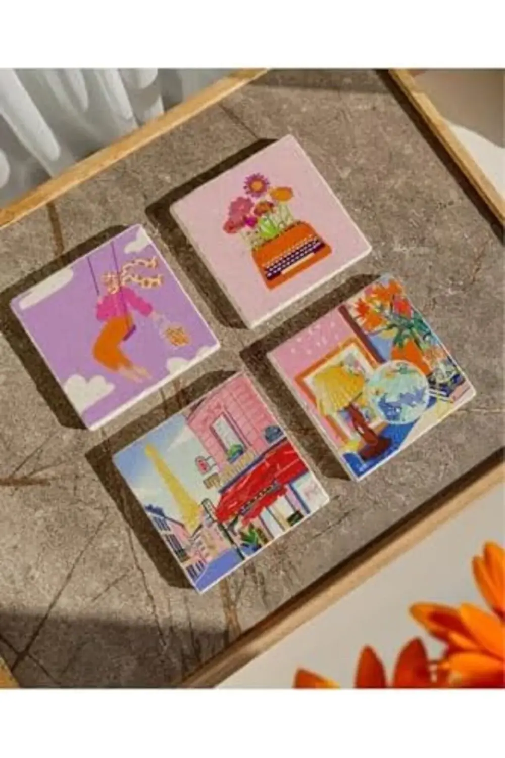 Renkli Retro Desenli Doğal Taş Bardak Altlığı Seti, 4’lü 1178227