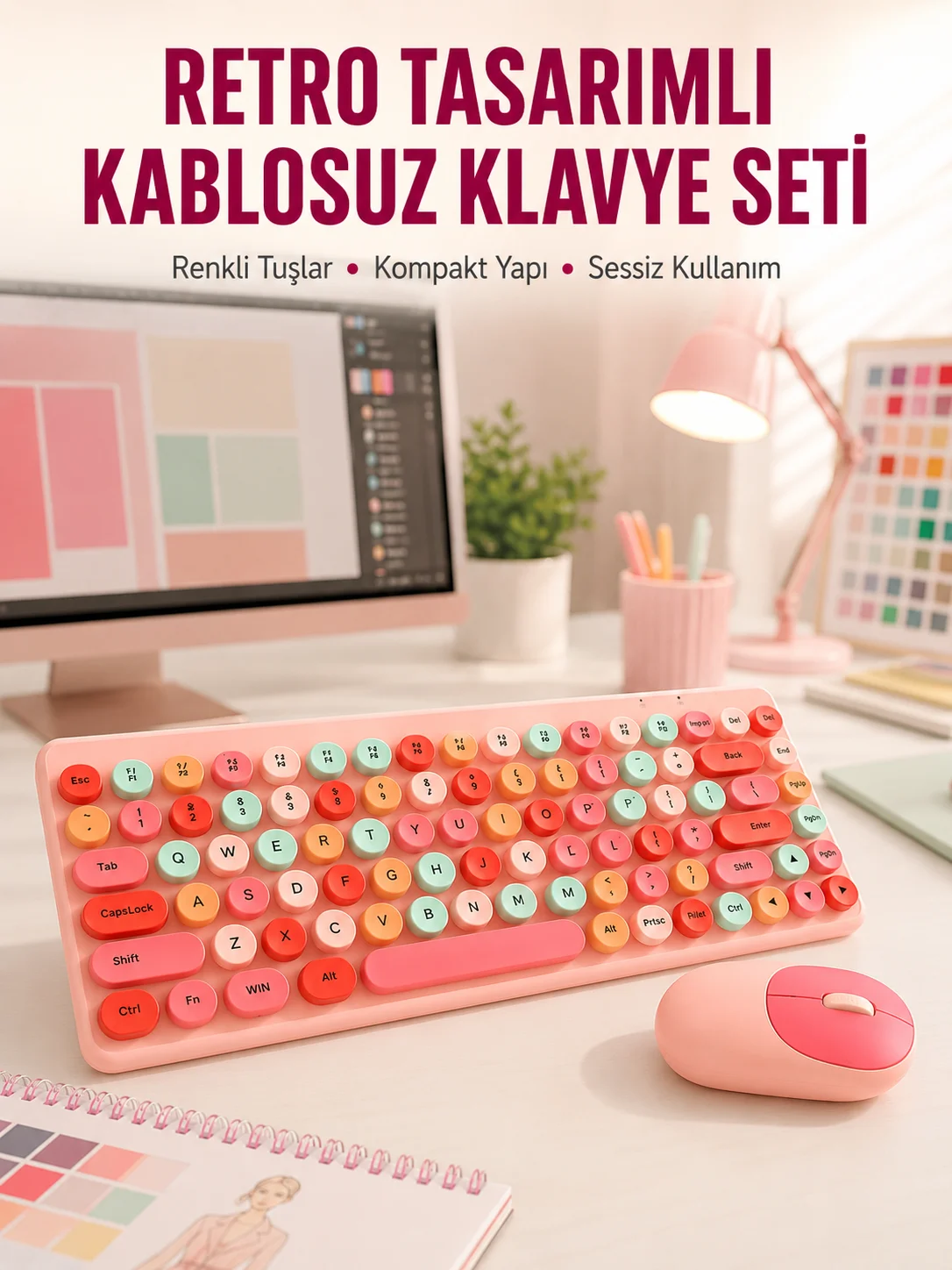 Renkli Retro Tuş Takımlı Klavye – 3 Cihaz Bağlantısı, Medya Kısayol Tuşları Yeni Nesil Fiyatı, Yorumları ve Özellikleri
