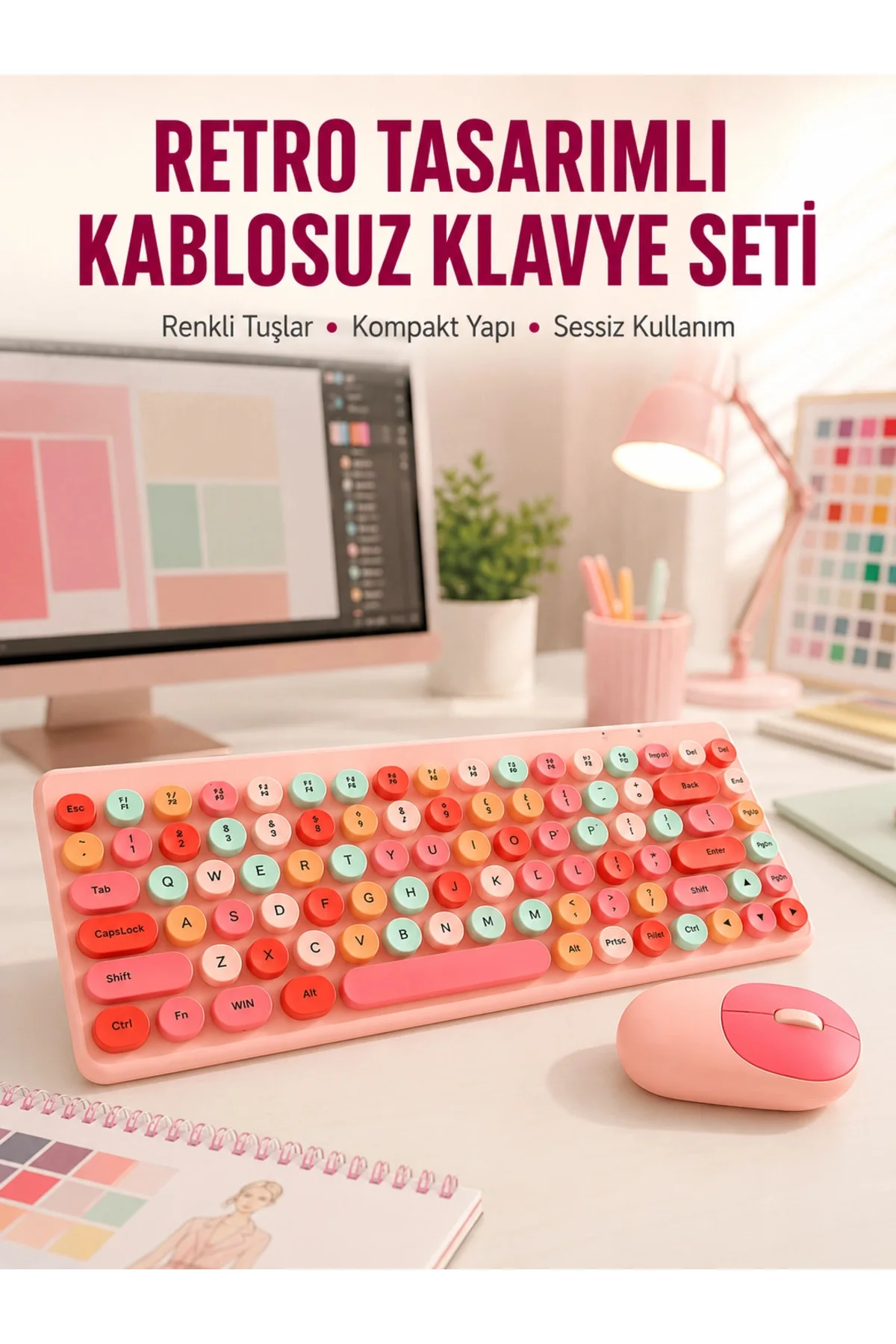 Renkli Retro Tuş Takımlı Klavye – 3 Cihaz Bağlantısı, Medya Kısayol Tuşları Yeni Nesil - Görsel 6