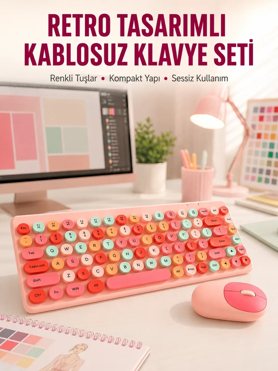 Renkli Retro Tuş Takımlı Klavye – 3 Cihaz Bağlantısı Medya Kısayol Tuşları Yeni Nesil