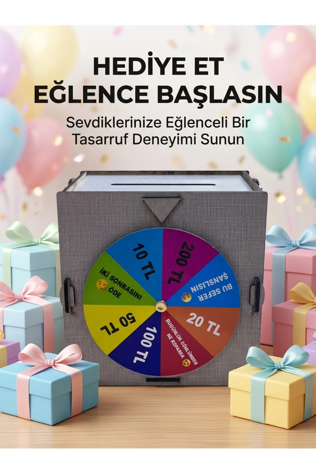 Renkli Şans Çarklı Para Biriktirme Oyunu Eğlenceli Tasarruf Kutusu Ahşap Challenge Kumbarası - Görsel 5