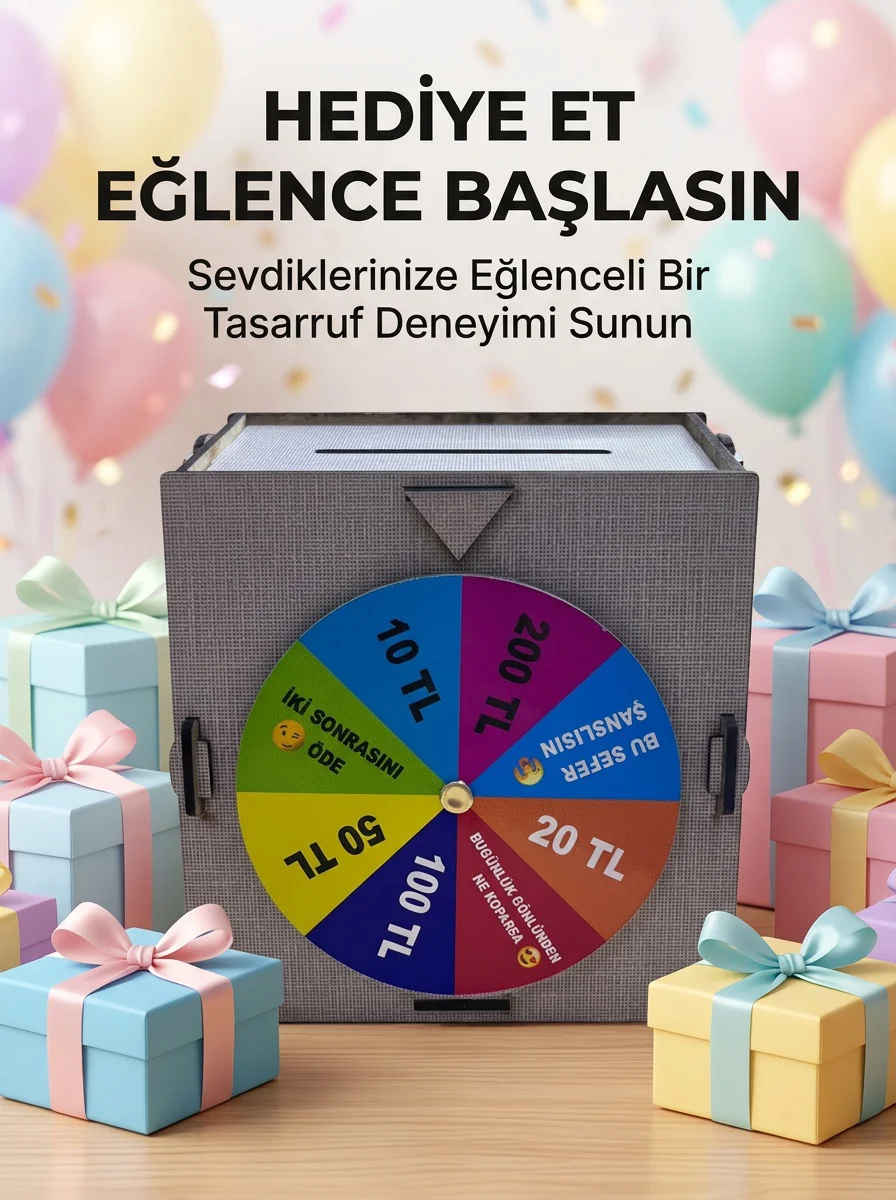Renkli Şans Çarklı Para Biriktirme Oyunu Eğlenceli Tasarruf Kutusu Ahşap Challenge Kumbarası - Lisinya