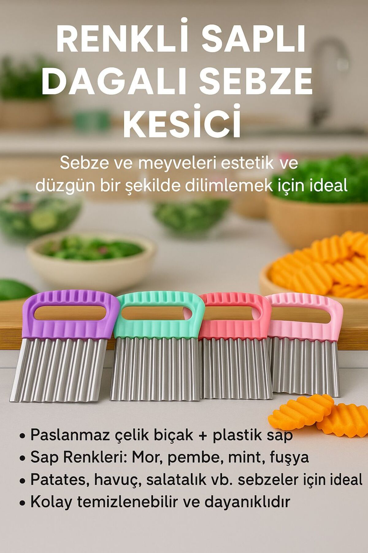 Renkli Saplı Dalgalı Sebze Kesici – Paslanmaz Çelik Crinkle Bıçak