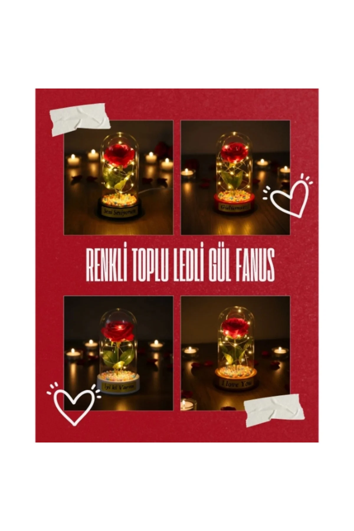 Renkli Toplu Ledli Gül Fanus