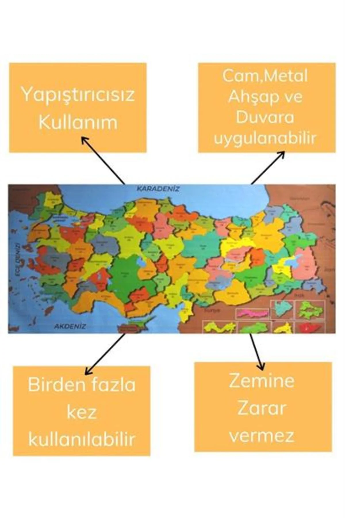 Renkli Türkiye Haritası Manyetik Yapıştırıcı Gerektirmeyen Duvar 