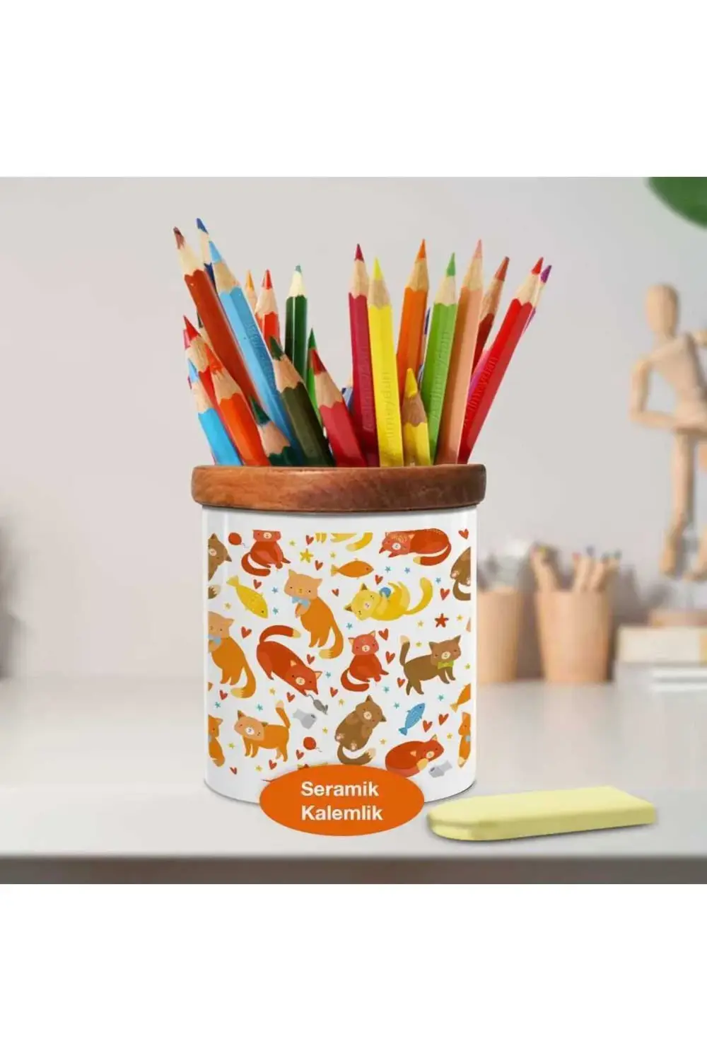 Renkli Yavru Kedi Desenli Ahşap Seramik Kalemlik - 1191-295