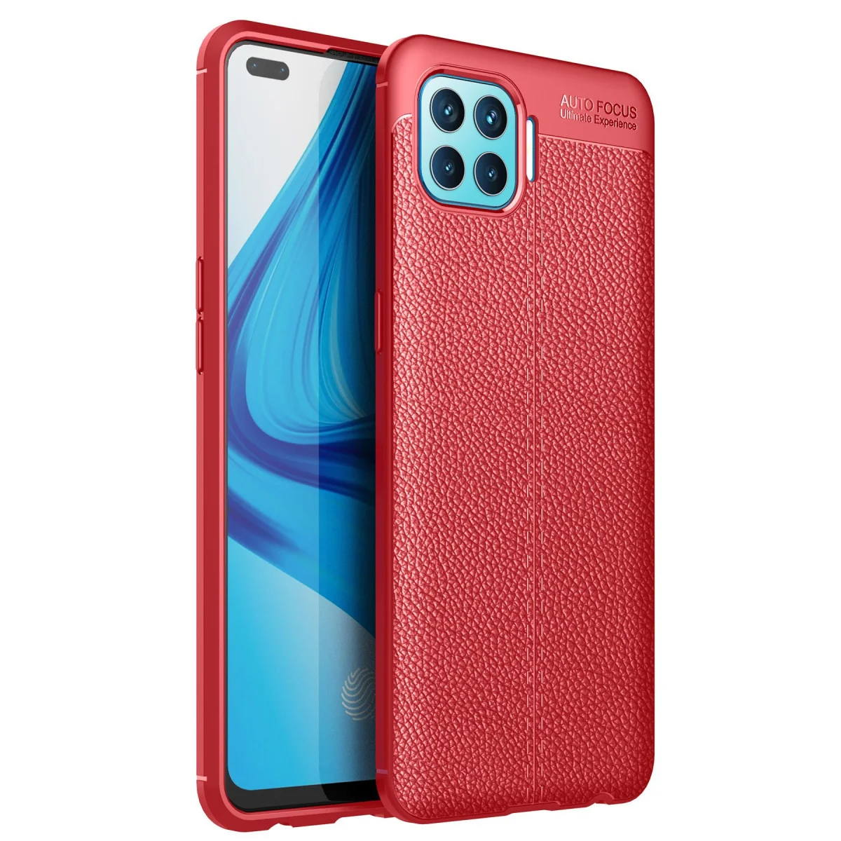 Reno 4 Lite Auto Focus Kılıf - Kırmızı TPU Deri Dokulu Korumalı Kapak